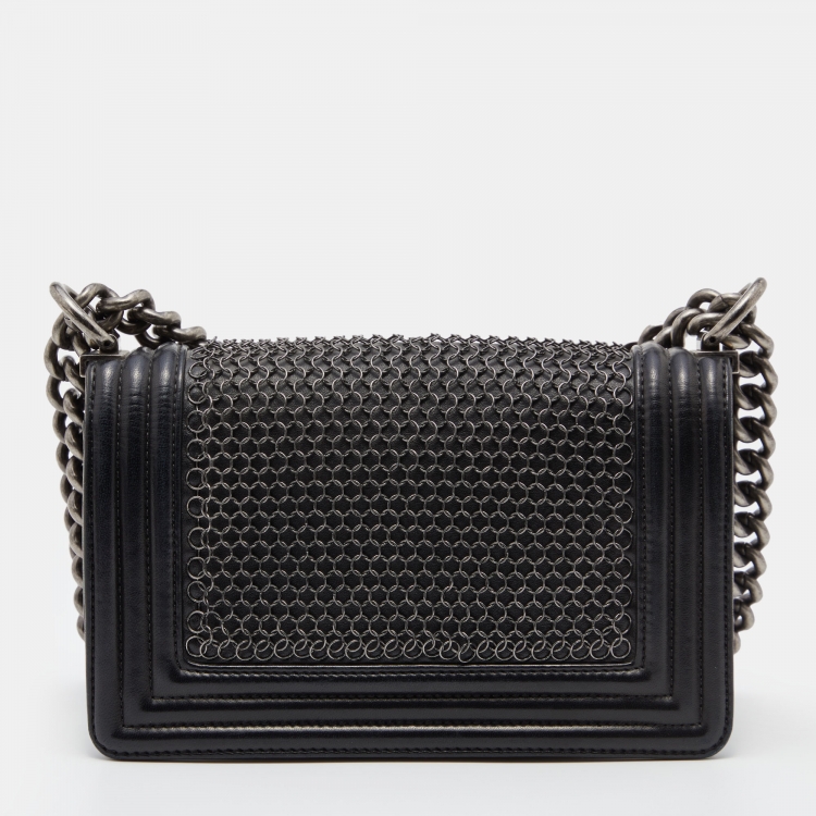 Pre Owned Chanel Black Leather Small Chainmail Boy Flap Bag