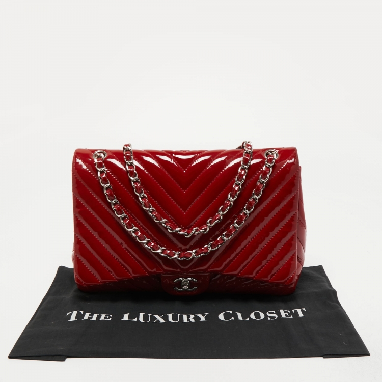 Pre Owned Chanel Red Chevron Patent Leather Maxi Classic Single Flap Bag