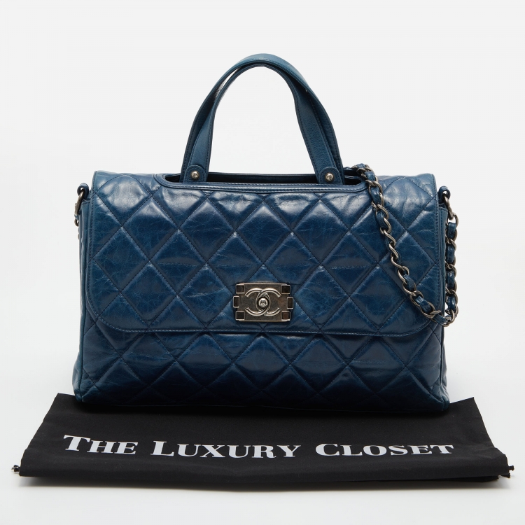 Pre Owned  Chanel Blue Quilted Glazed Leather Large Convertible Boy Bag
