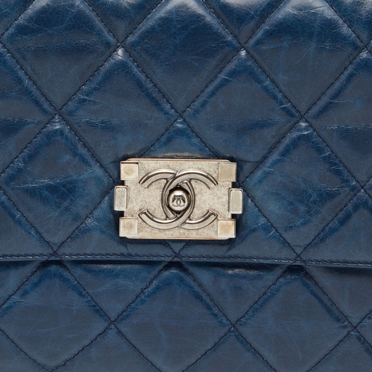 Pre Owned  Chanel Blue Quilted Glazed Leather Large Convertible Boy Bag