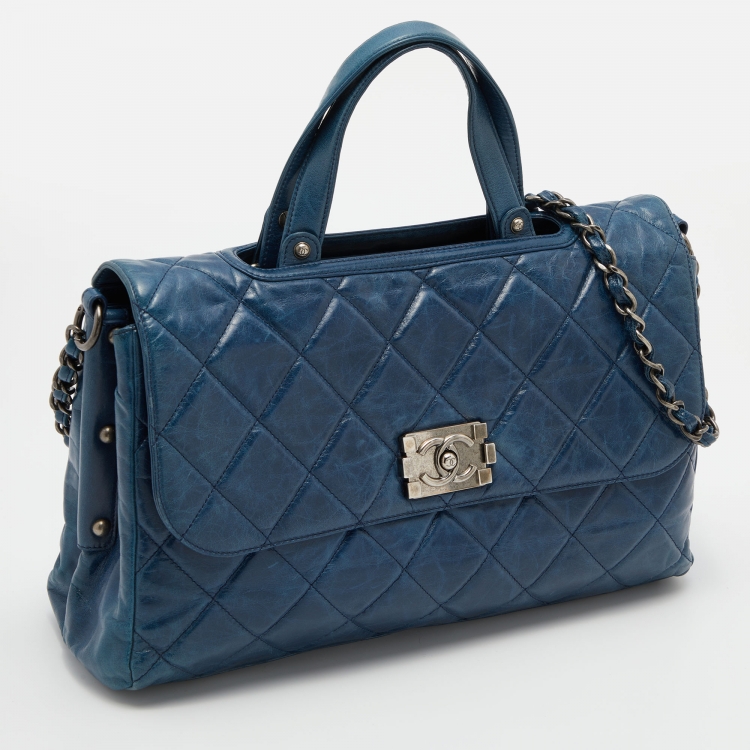 Pre Owned  Chanel Blue Quilted Glazed Leather Large Convertible Boy Bag