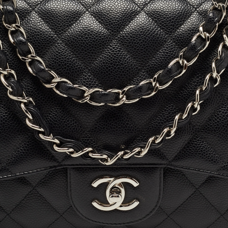 Pre Owned Chanel Black Quilted Caviar Leather Jumbo Classic Single Flap Bag