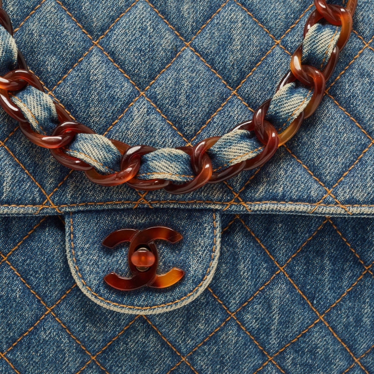 Pre Owned Chanel Blue Quilted Denim Classic Flap Bag
