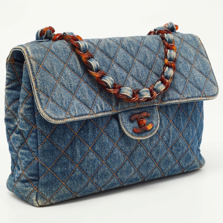 Pre Owned Chanel Blue Quilted Denim Classic Flap Bag