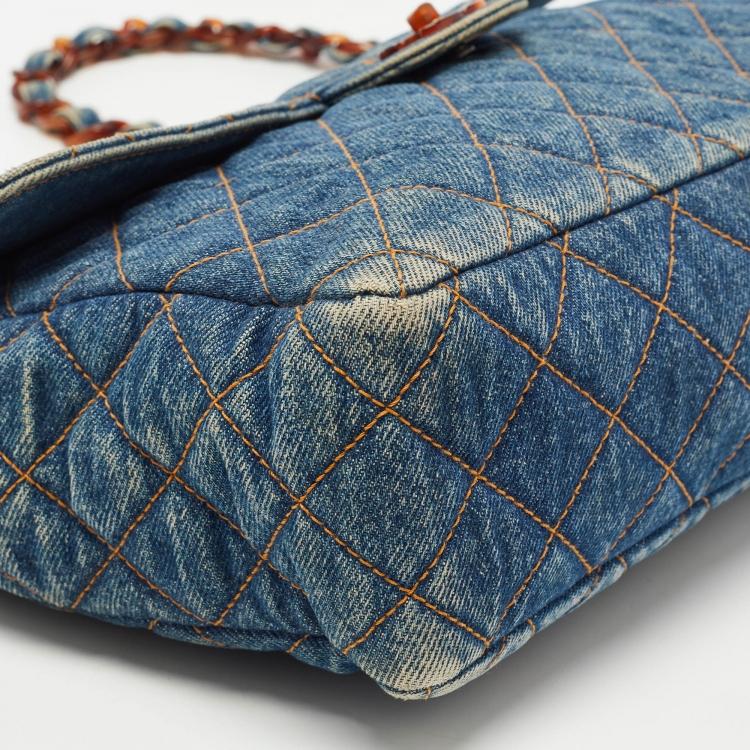 Pre Owned Chanel Blue Quilted Denim Classic Flap Bag