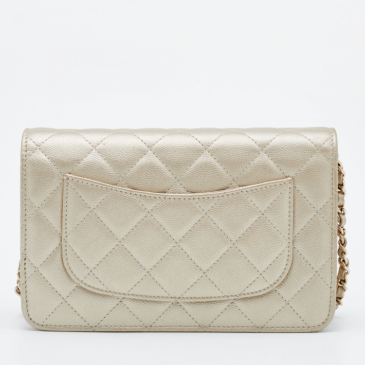 Pre Owned Chanel Gold Quilted Caviar Leather Classic Wallet on Chain