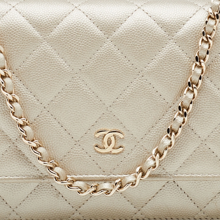 Pre Owned Chanel Gold Quilted Caviar Leather Classic Wallet on Chain