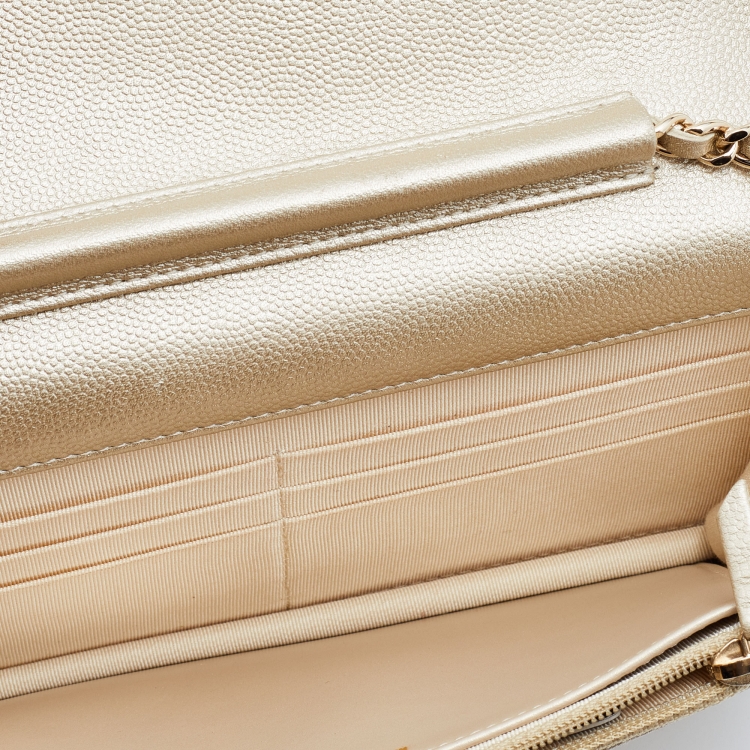 Pre Owned Chanel Gold Quilted Caviar Leather Classic Wallet on Chain