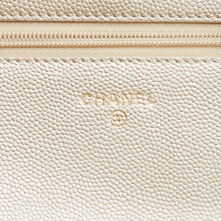 Pre Owned Chanel Gold Quilted Caviar Leather Classic Wallet on Chain