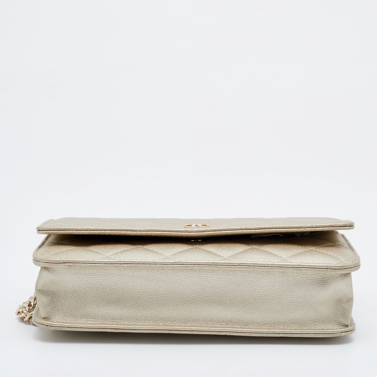 Pre Owned Chanel Gold Quilted Caviar Leather Classic Wallet on Chain