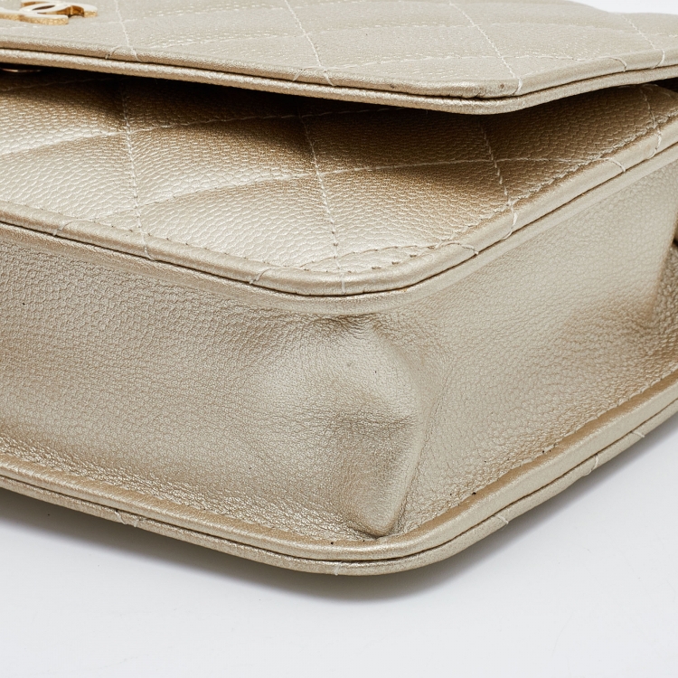 Pre Owned Chanel Gold Quilted Caviar Leather Classic Wallet on Chain