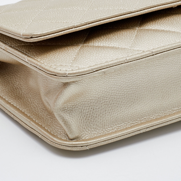 Pre Owned Chanel Gold Quilted Caviar Leather Classic Wallet on Chain