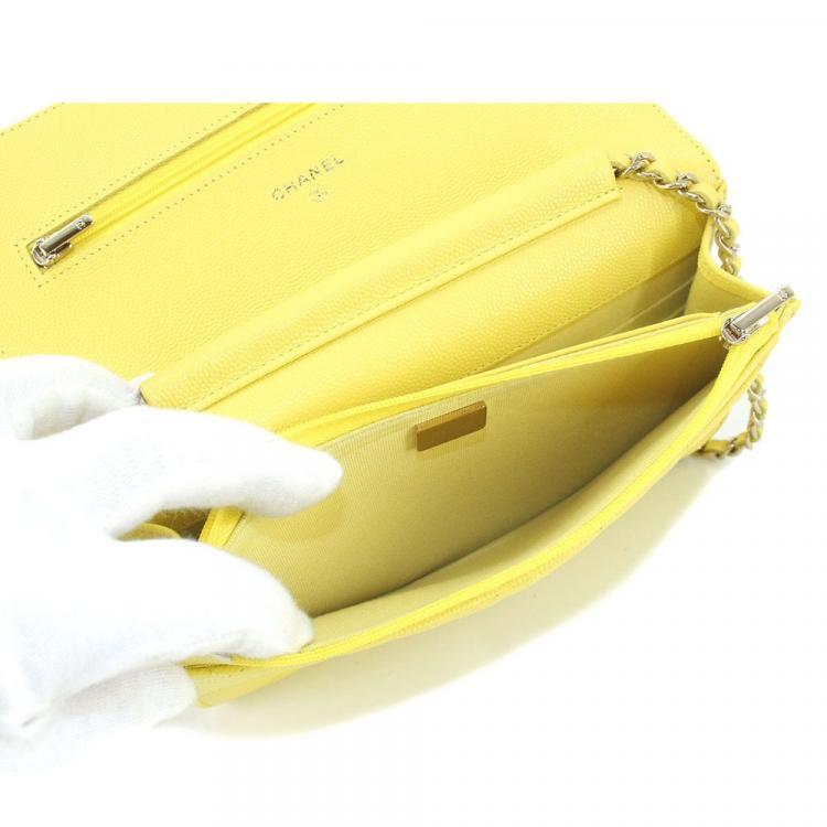 Pre Owned Chanel Yellow Caviar Leather CC Flap Wallet On Chain Bag