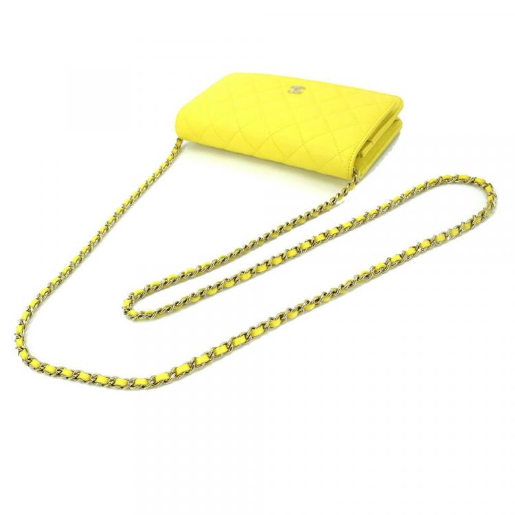 Pre Owned Chanel Yellow Caviar Leather CC Flap Wallet On Chain Bag