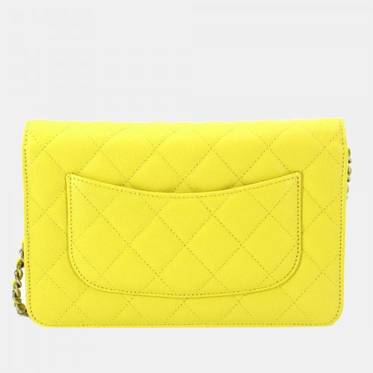 Pre Owned Chanel Yellow Caviar Leather CC Flap Wallet On Chain Bag
