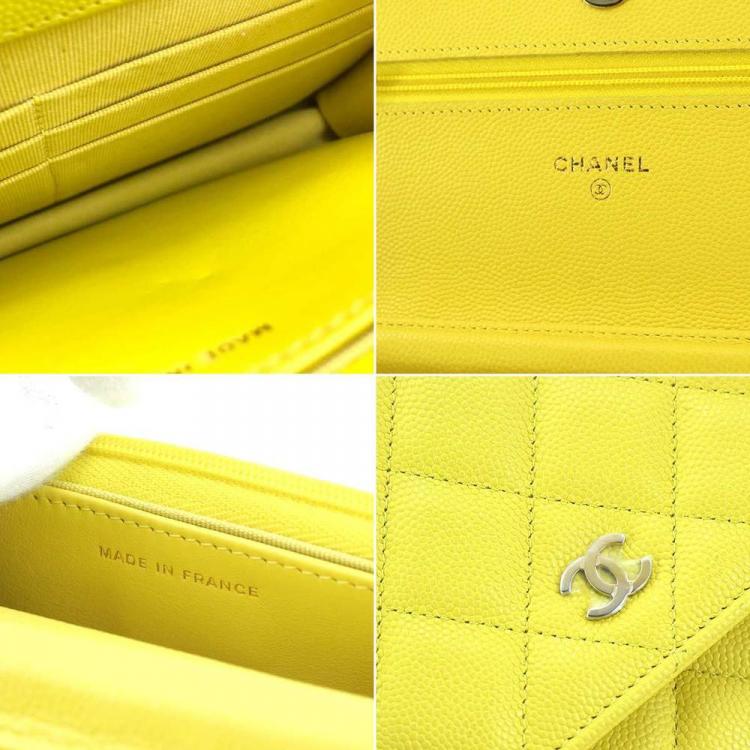Pre Owned Chanel Yellow Caviar Leather CC Flap Wallet On Chain Bag