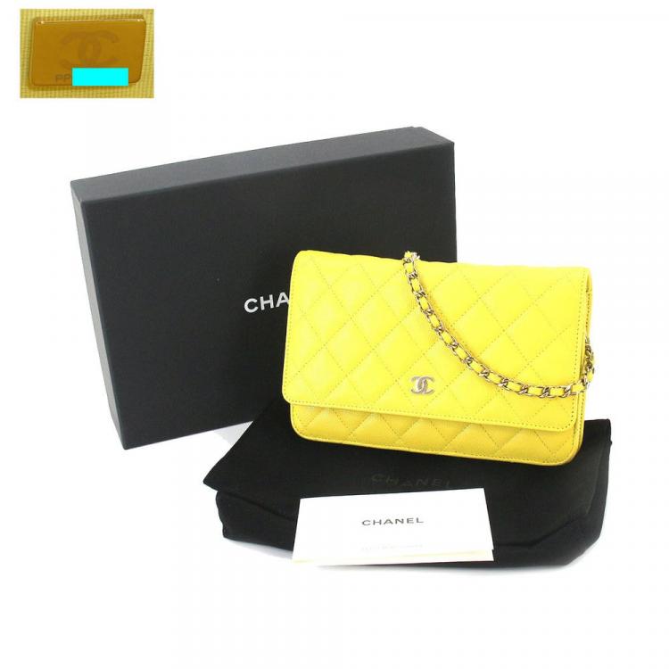 Pre Owned Chanel Yellow Caviar Leather CC Flap Wallet On Chain Bag