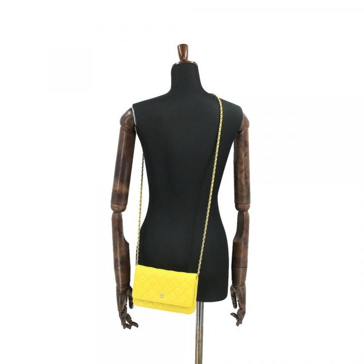 Pre Owned Chanel Yellow Caviar Leather CC Flap Wallet On Chain Bag