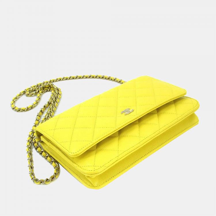 Pre Owned Chanel Yellow Caviar Leather CC Flap Wallet On Chain Bag