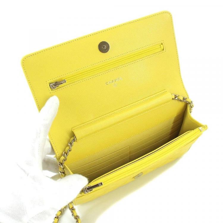 Pre Owned Chanel Yellow Caviar Leather CC Flap Wallet On Chain Bag