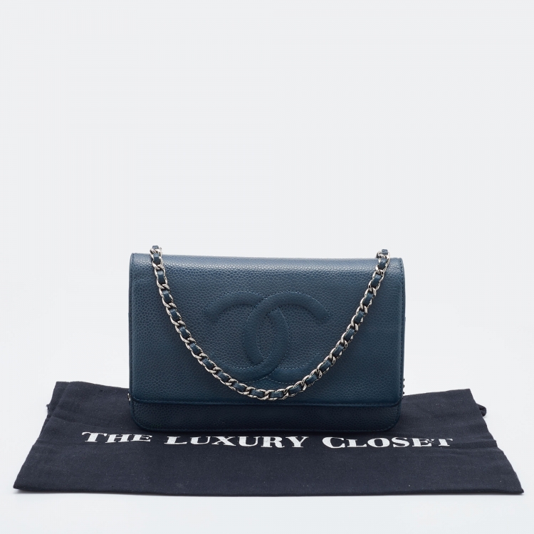 Pre Owned Chanel Blue Caviar Leather Wallet On Chain