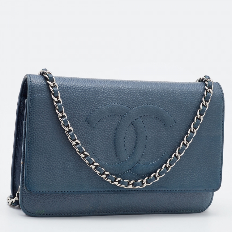 Pre Owned Chanel Blue Caviar Leather Wallet On Chain