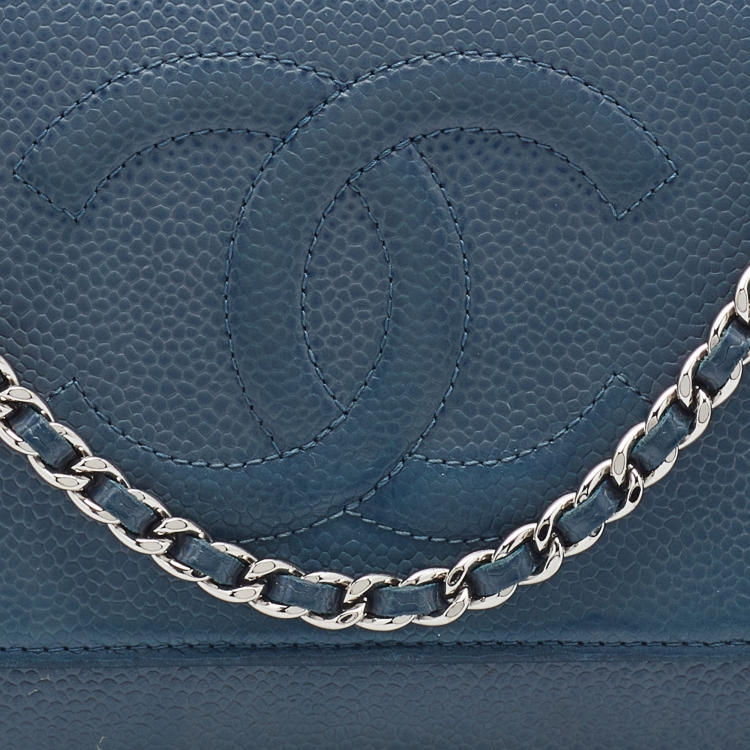 Pre Owned Chanel Blue Caviar Leather Wallet On Chain