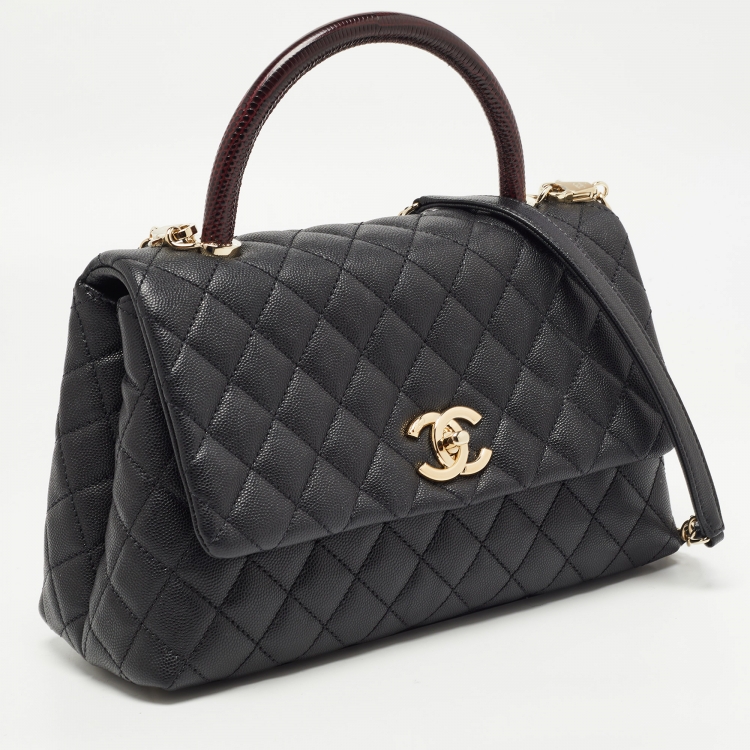 Pre Owned Chanel Black Quilted Caviar Leather and Lizard Embossed Small Coco Top Handle Bag