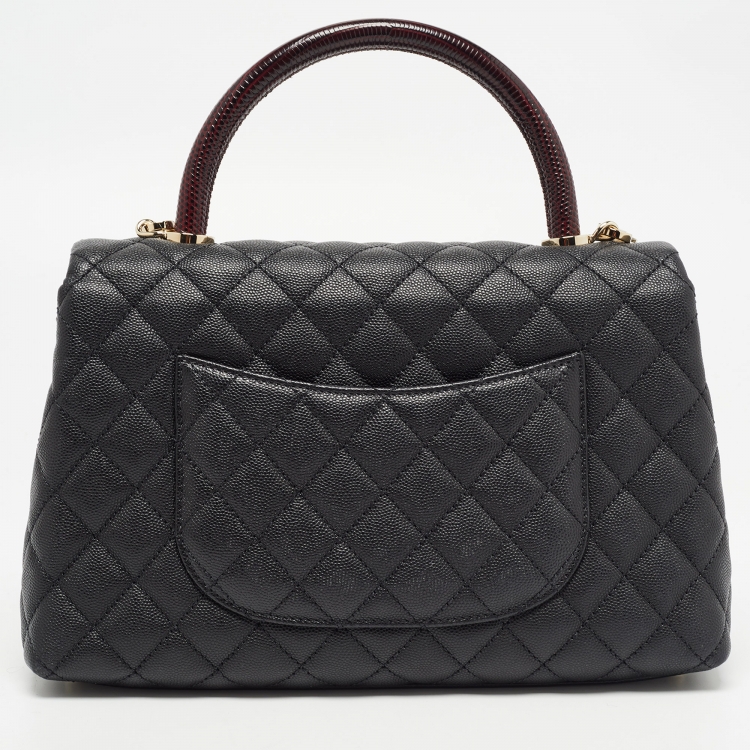 Pre Owned Chanel Black Quilted Caviar Leather and Lizard Embossed Small Coco Top Handle Bag