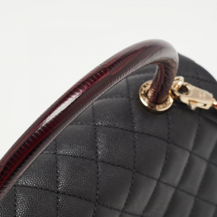 Pre Owned Chanel Black Quilted Caviar Leather and Lizard Embossed Small Coco Top Handle Bag