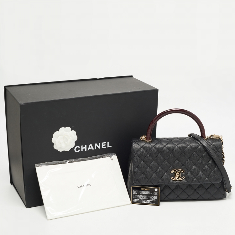 Pre Owned Chanel Black Quilted Caviar Leather and Lizard Embossed Small Coco Top Handle Bag