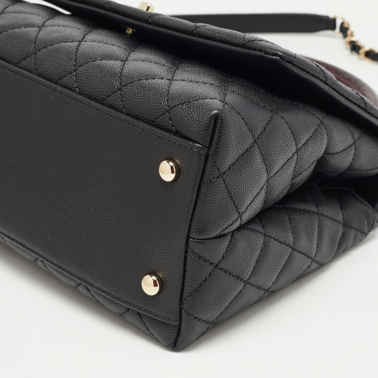 Pre Owned Chanel Black Quilted Caviar Leather and Lizard Embossed Small Coco Top Handle Bag