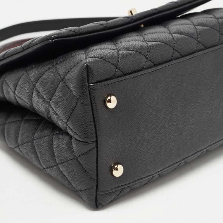 Pre Owned Chanel Black Quilted Caviar Leather and Lizard Embossed Small Coco Top Handle Bag