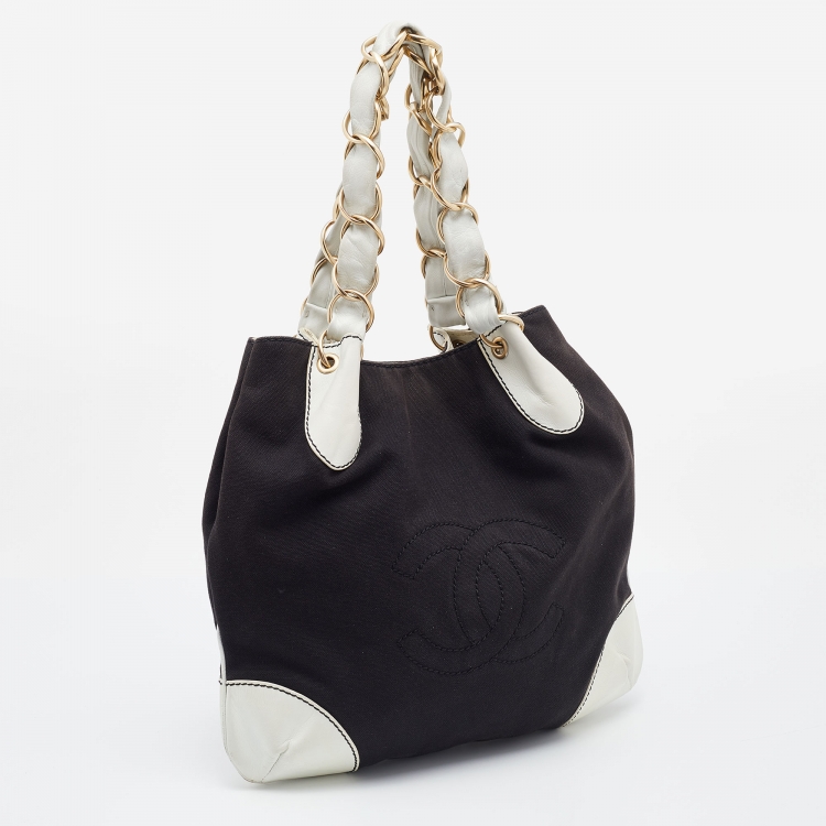 Pre Owned Chanel Black/White Canvas and Leather Vintage Olsen Hobo