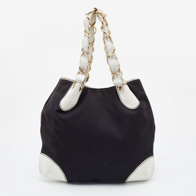 Pre Owned Chanel Black/White Canvas and Leather Vintage Olsen Hobo