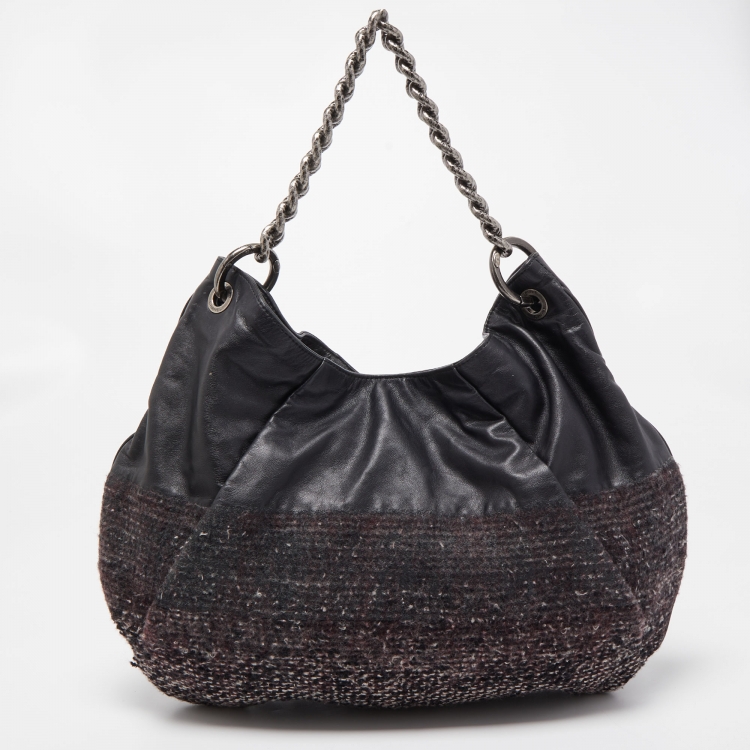 Pre Owned Chanel Black Tweed and Leather Coco Pleats Hobo