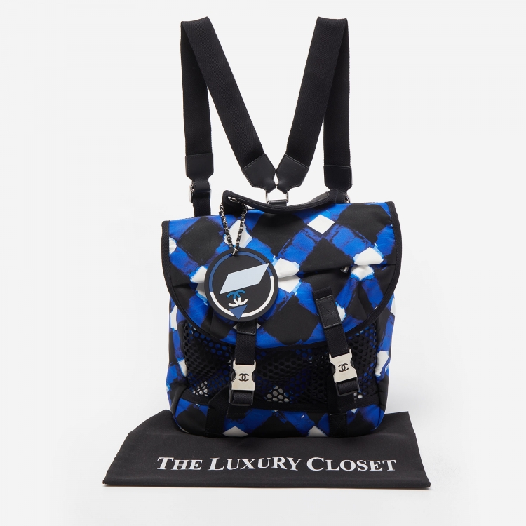 Pre Owned Chanel Black/Blue Printed Nylon Airline Backpack