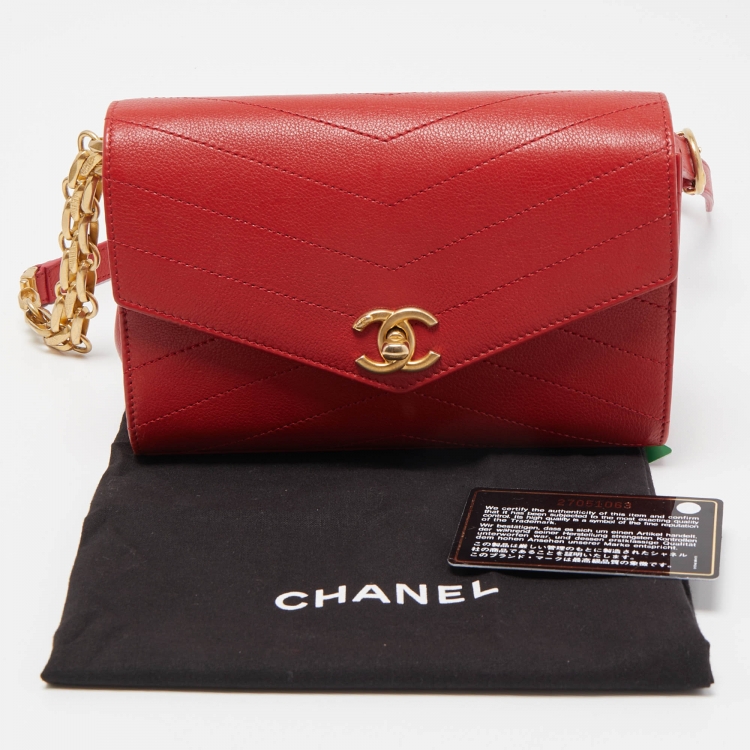 Pre Owned Chanel Red Chevron Leather Coco Waist Belt Bag