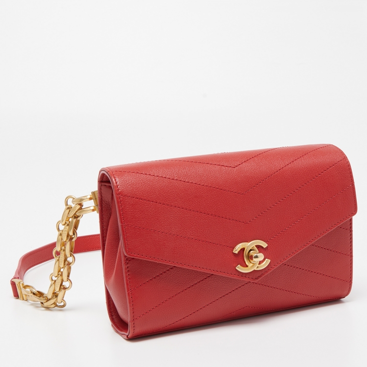 Pre Owned Chanel Red Chevron Leather Coco Waist Belt Bag