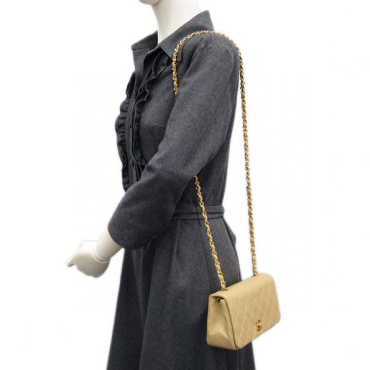 Pre Owned Chanel Beige Lambskin Single Flap Shoulder Bag