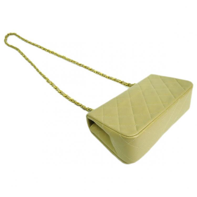 Pre Owned Chanel Beige Lambskin Single Flap Shoulder Bag