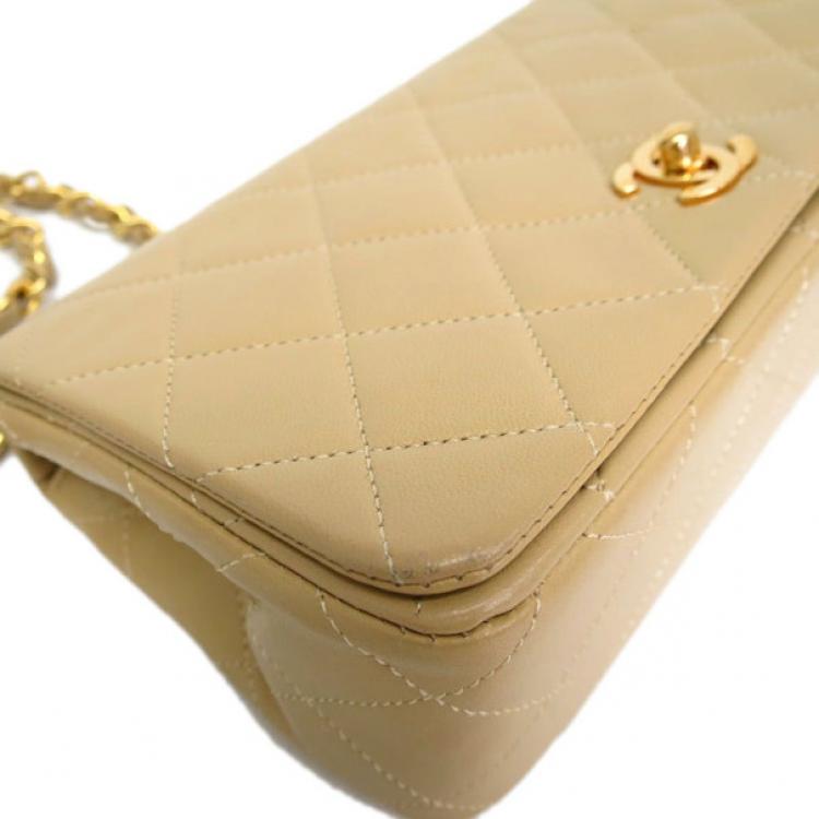 Pre Owned Chanel Beige Lambskin Single Flap Shoulder Bag