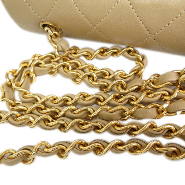Pre Owned Chanel Beige Lambskin Single Flap Shoulder Bag
