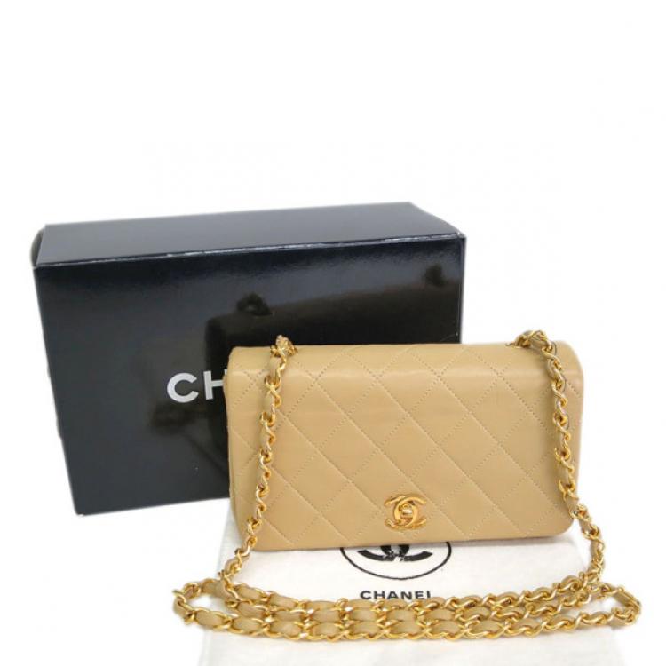 Pre Owned Chanel Beige Lambskin Single Flap Shoulder Bag