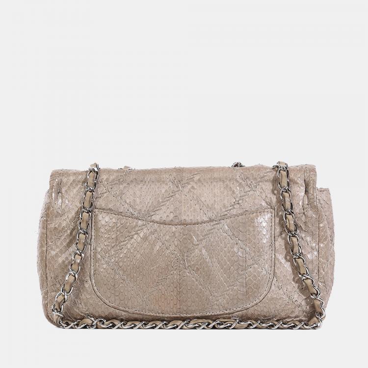Pre Owned Chanel Taupe Python Stitched Leather Single Flap Shoulder Bag