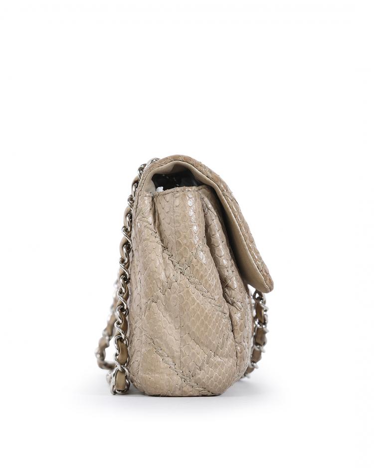 Pre Owned Chanel Taupe Python Stitched Leather Single Flap Shoulder Bag