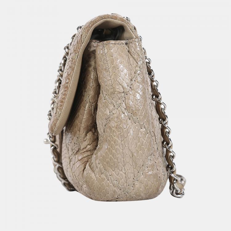 Chanel Taupe Python Stitched Leather Single Flap Shoulder Bag Chanel