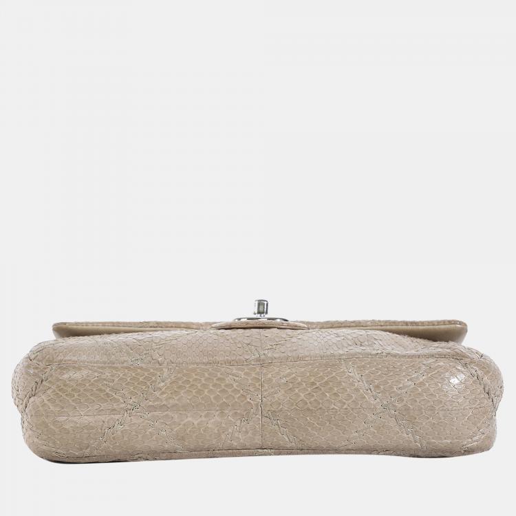 Pre Owned Chanel Taupe Python Stitched Leather Single Flap Shoulder Bag