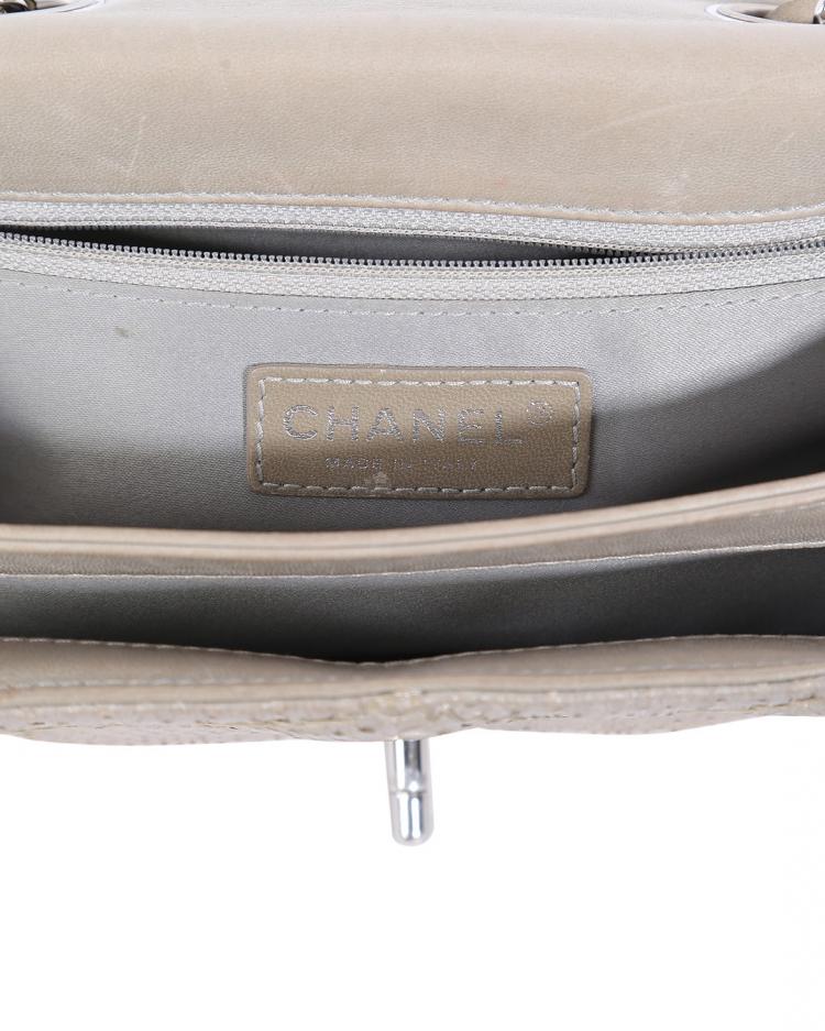 Pre Owned Chanel Taupe Python Stitched Leather Single Flap Shoulder Bag