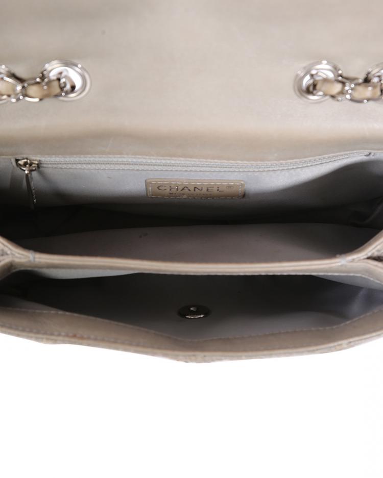 Pre Owned Chanel Taupe Python Stitched Leather Single Flap Shoulder Bag